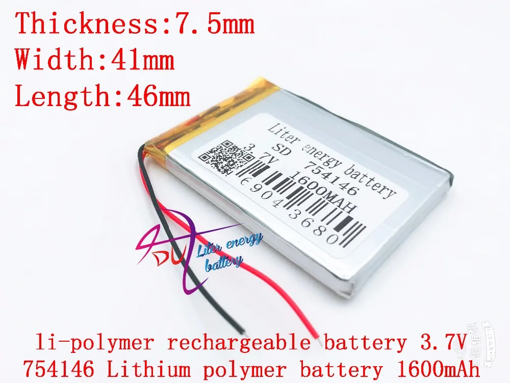 

3,7 V,1600mAH 754146 полимерный литий-ионный/литий-ионный аккумулятор для dvr,GPS,mp3,mp4, сотового телефона, динамика