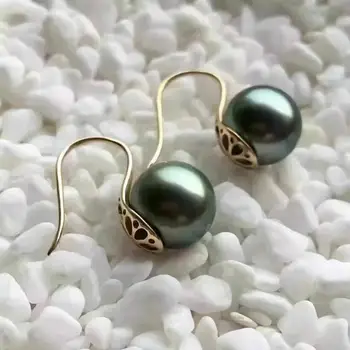 

pair 10-11mm round natural black green pearl earring yellow gold14k