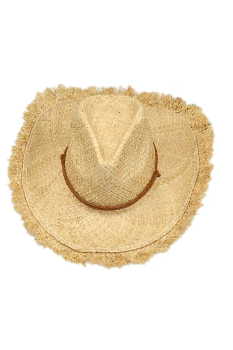 

Hot Mens Womens Unisex Feathered Edge Natural Straw Cowboy Sun Hat Cap
