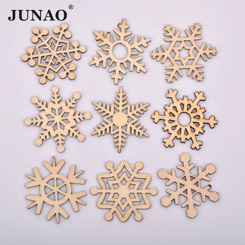 

JUNAO 10pcs 50mm Wooden Christmas Ornaments Snowflakes Pendants Xmas Tree Hanging New Year Christmas Decoration for Home