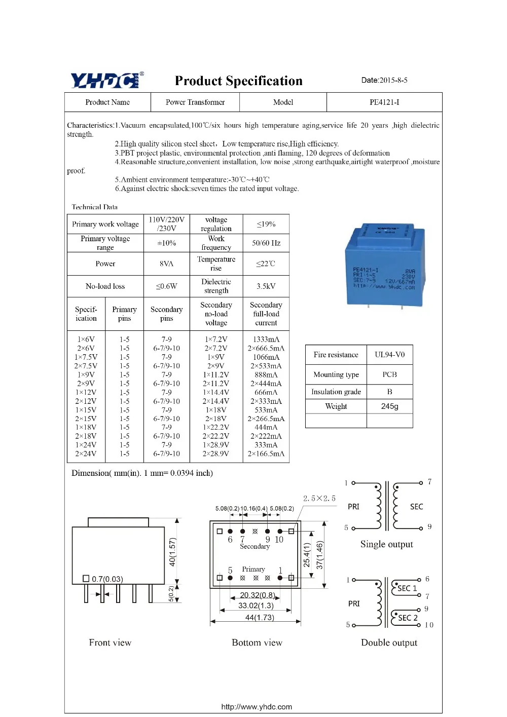 YHDC PE4121-I мощность 8VA вход 220 V выход 24 V герметизированный трансформатор для сварки печатной платы изолирующий трансформатор