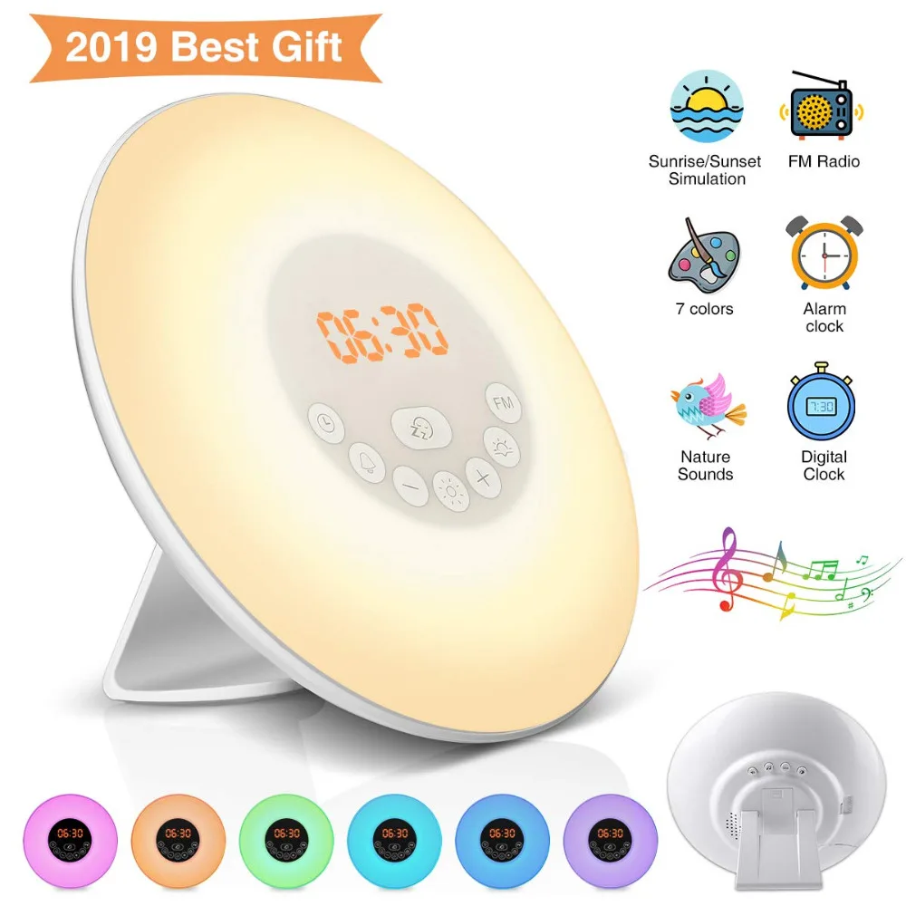 

Wake Up Light, Radio Alarm Clocks Speaker LED Bedside Lamp Touch Control Night Light Sunrise Sunset Simulator 6 Nature Sounds