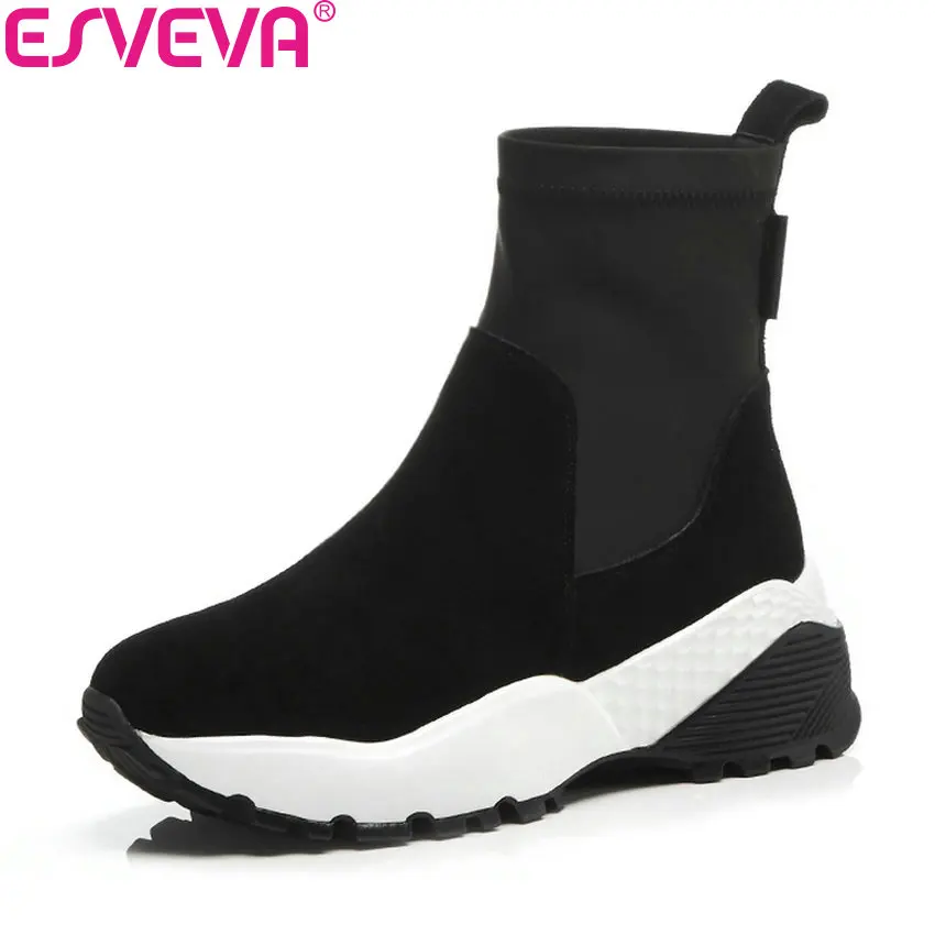 

ESVEVA 2019 Women Shoes High Heels Ankle Boots Slip on Shoes Round Toe Fashion Sneakers Fashion Autumn Woman Boots Size 34-41