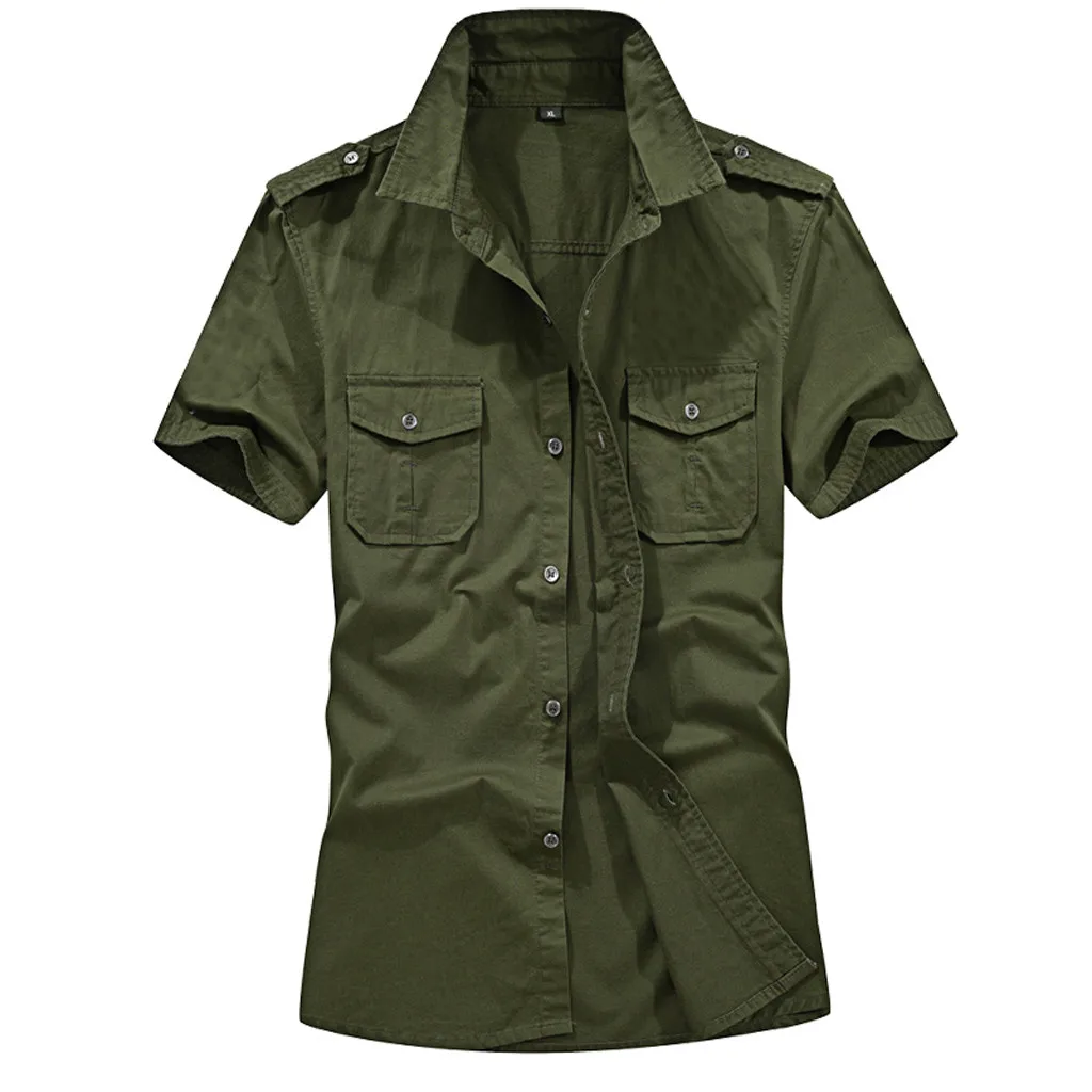 Safari Shirt Men Casual Military Pure Color Pocket Short Sleeve Loose