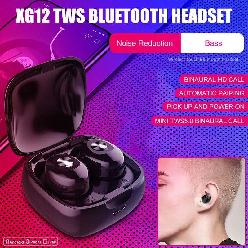 

XG12 TWS Wireless Bluetooth Earphone V5.0 True Bluetooth HIFI Earbuds Headset 3D Stereo Built-in Mic with Charging Box