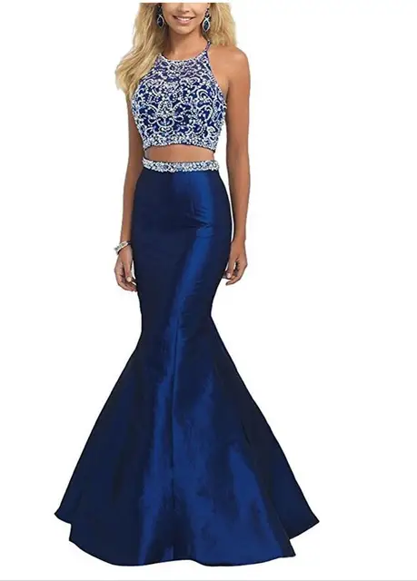 Elegant Beaded Royal Blue Prom Dresses 2 Two Piece Prom Dress ...