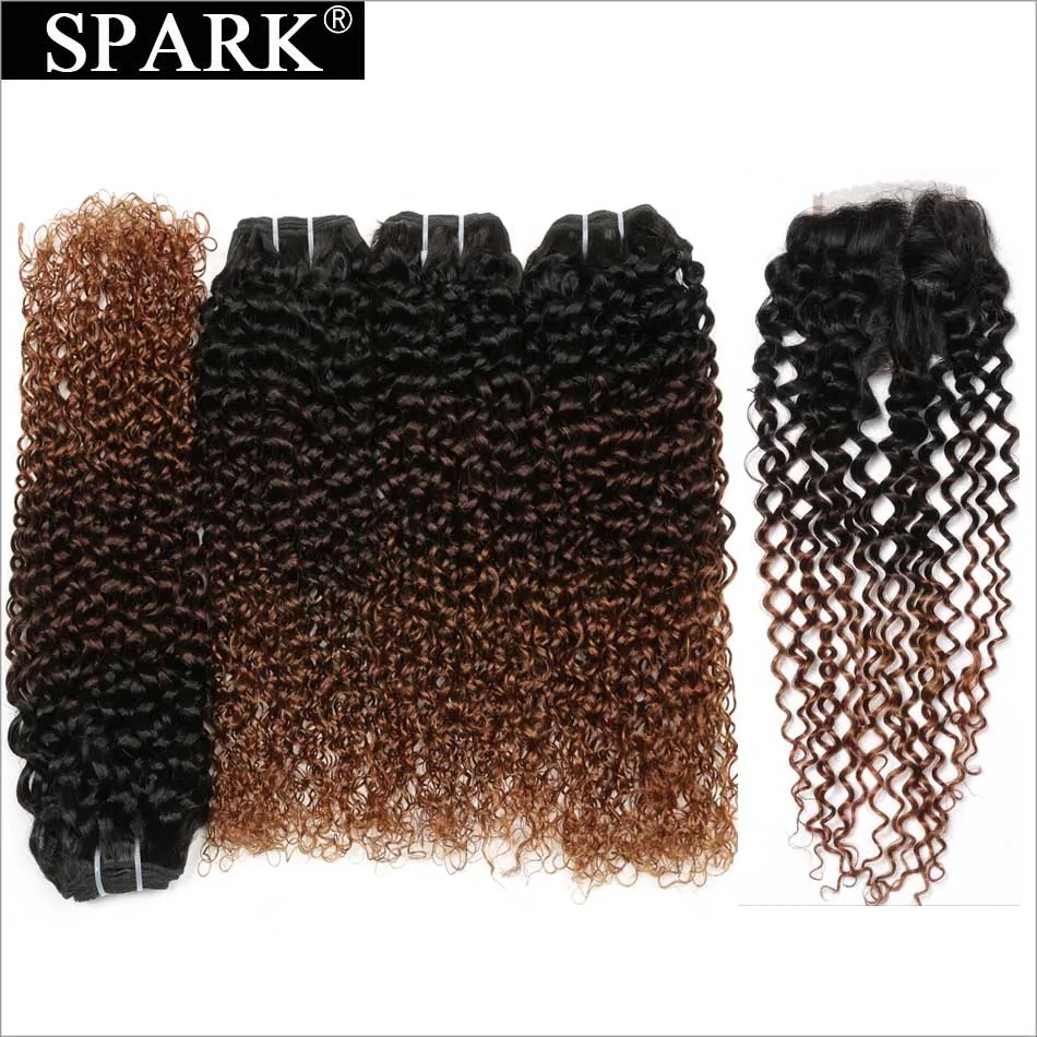 

SPARK Peruvian Afro Kinky Curly Hair 3 Bundles With Closure Ombre Remy Hair Weave Bundles 100% Human Hair With Lace Closure