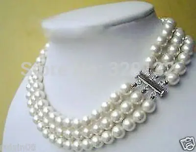 

Wholesale Natural White Freshwater 3Row 8mm White Sea Shell Pearl Necklace 17-19" Unusual Fine Bridal Silver hook Free Shipping