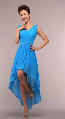 Элегантное шифоновое платье подружки невесты цвета слоновой кости с v-образным вырезом, платье подружки невесты, короткие платья с длинными рукавами спереди для подростков, B3753 - Цвет: Синий