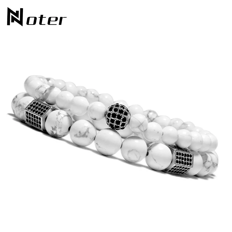 

Noter 2 Pcs/Set White Natural Stone Beads Bracelet Luxury Disco Ball Braclet Sets For Mens Yoga Hand Couple Bracelet Pulseras