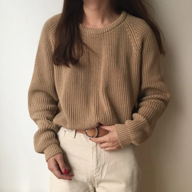 Корейский модный Женский вязаный свитер с длинным рукавом, однотонный пуловер с круглым вырезом и джемпер, свободный свитер, горячая Распродажа S80209Q