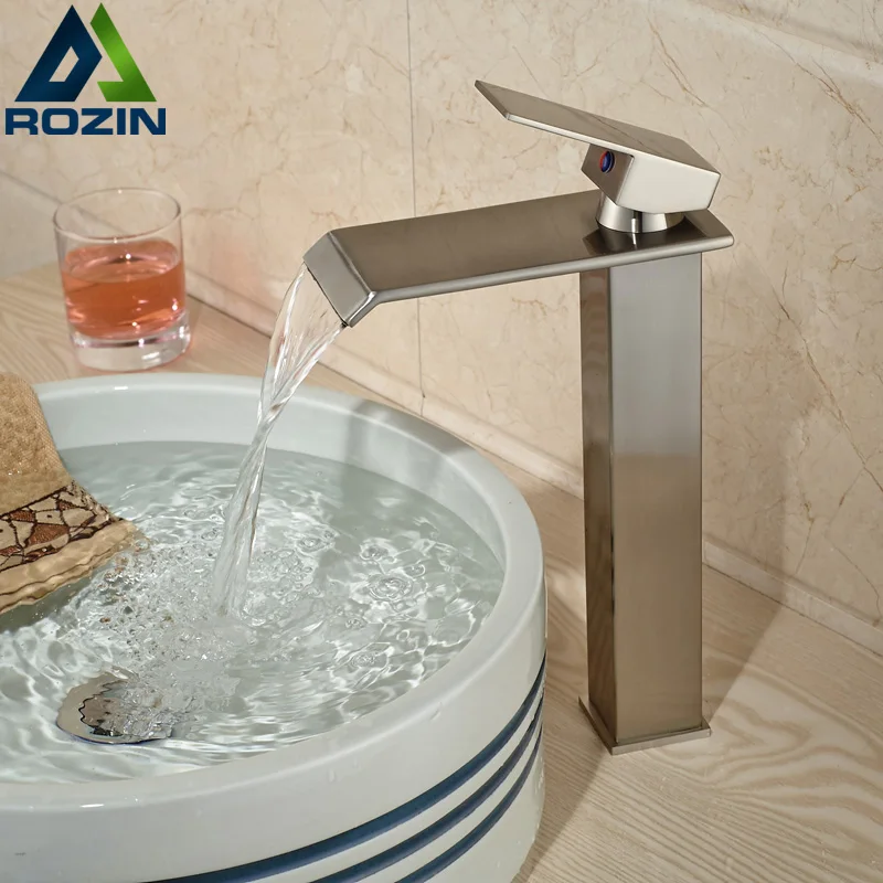 

Brushed Nickel Waterfall Spout Washbasin Mixer Taps Single Lever Countertop Bathroom Sink Faucet