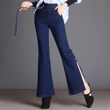 Плюс Размеры Для женщин сплит конца пояс Джинсы Брюки джинсовые расклешенные брюки весна лето большой упругой высокой талии империи леггинсы