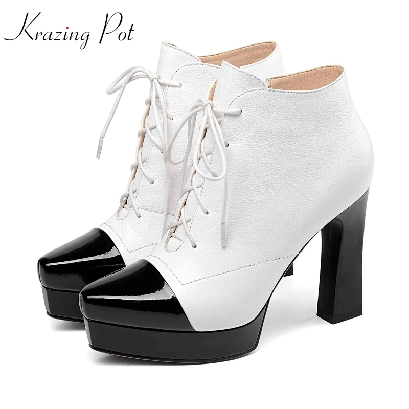 

krazing pot genuine leather platform extreme high heels elegant sweety mixed color European designer pointed toe ankle boots L60