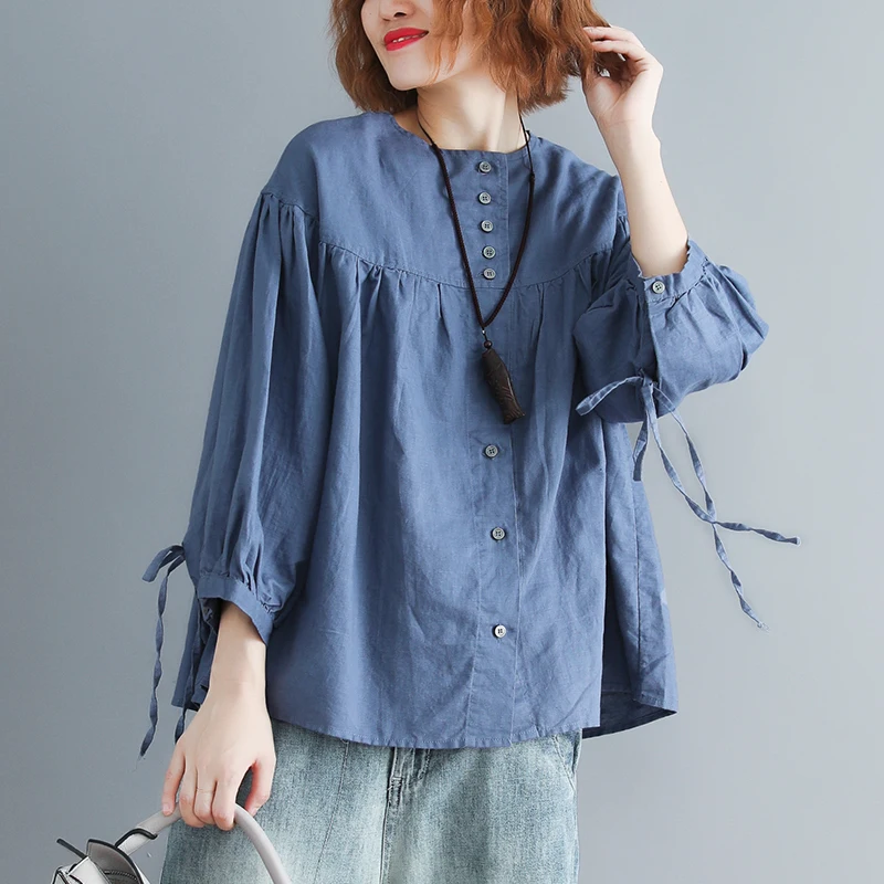 

cotton and linen women blouse and shirts 2019 summer new loose o-neck elegant all match lady shirts outwear coat tops