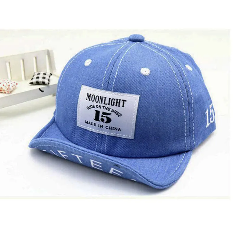 Детская джинсовая бейсбольная кепка для детей, весна, Новые шапки для мальчиков и девочек, Регулируемая мягкая бейсболки с буквенным дизайном - Цвет: Light Blue 15