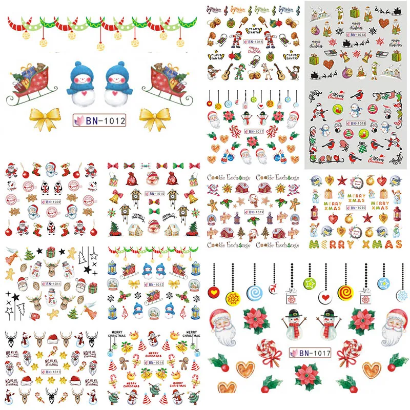 

12 Sheets XMAS Nail Art Water Transfer Sticker Decals Merry Christmas Santa Tree Stickers Wrap Tip Decoration BN1009-1020