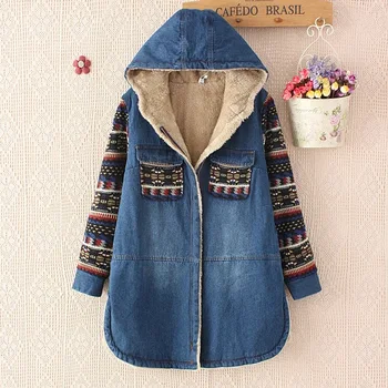 

Fashion 2018 Winter Women Denim Coat Casual Loose Print Patchwork Velvet Thick Outerwear Tops Warm Long Denim Padded Jacket