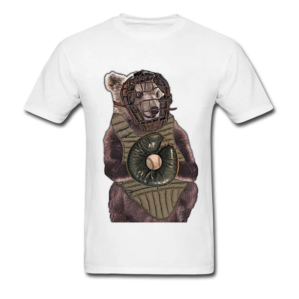 100% Cotton Men Short Sleeve Baseball Bear Catcher T-shirts Simple Style Tops Shirts Prevailing Design Round Collar Tee-Shirt Baseball Bear Catcher white