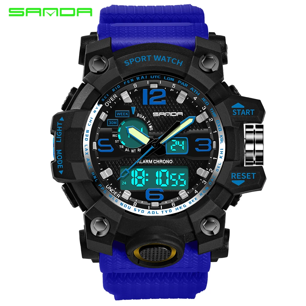 Топ люксовый бренд Sanda мужские спортивные часы мужские кварцевые светодиодный аналоговые часы мужские военные водонепроницаемые наручные часы Relogio Masculino Новинка - Цвет: Blue