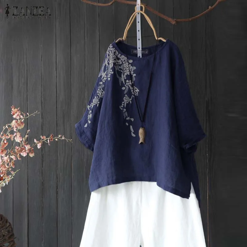 

ZANZEA Plus Size Women Blouses Shirts Casual Cotton Embroidery Tunic 2019 Autumn Office Lady Work Tops Female Blusas Chemise