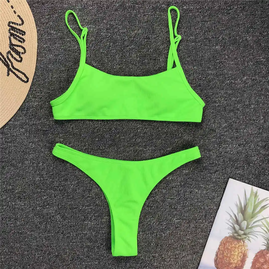Neon Green Сексуальные неоновые желтые стринги бикини женский купальник стринги купальник женский комплект бикини из двух частей купальный костюм в рубчик V1295 - Цвет: Neon Green