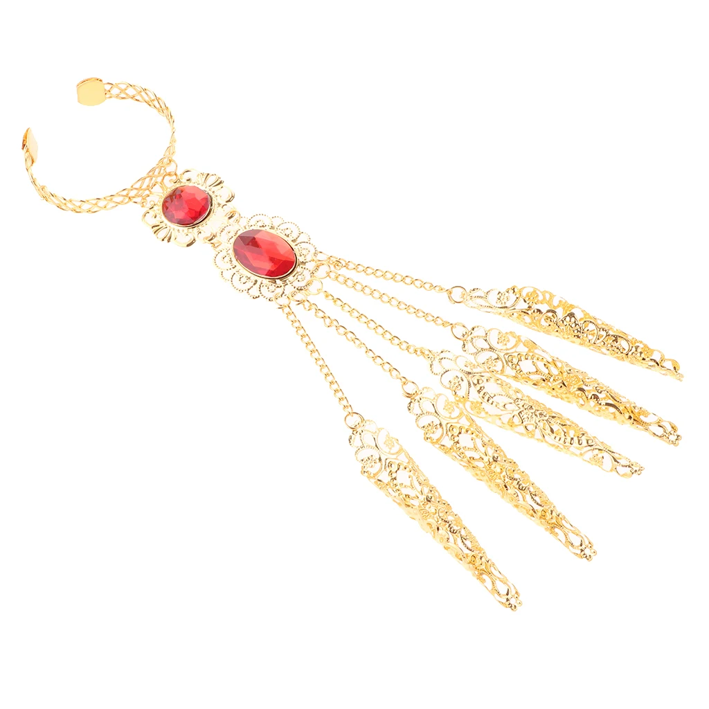 Stylish Belly Dance Gypsy Egyptian Indian Gold Bracelet Finger Nails Red Gem Hand Jewelry for Stage Performance