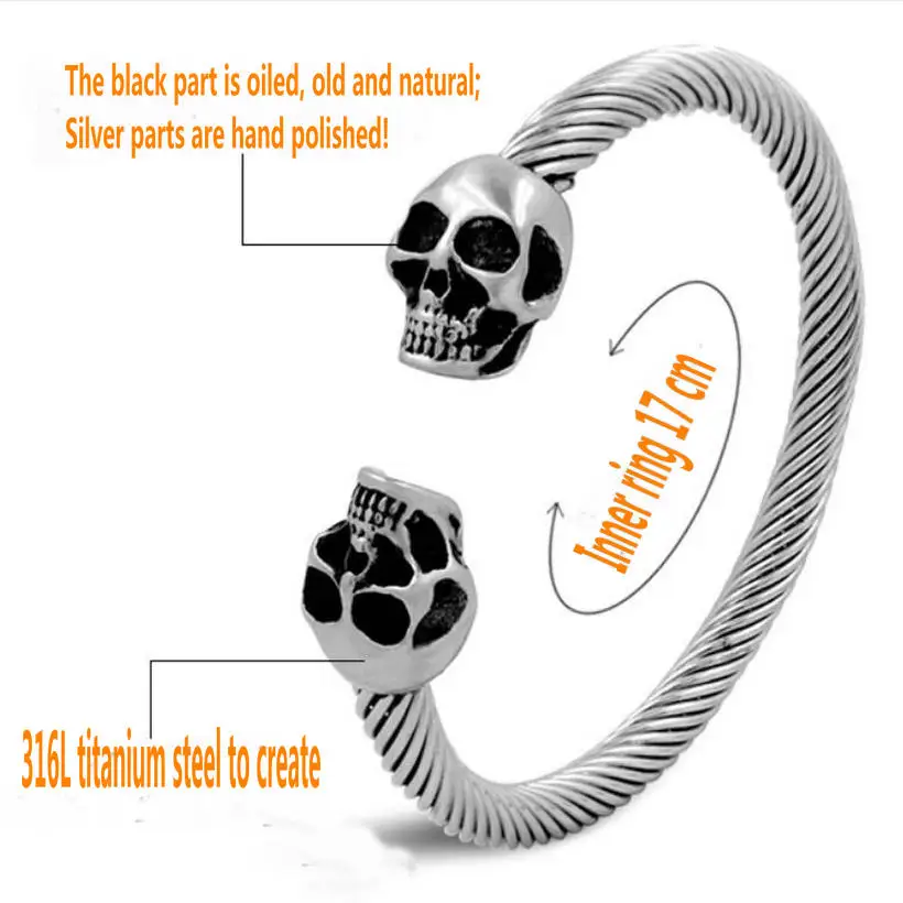 

Open Skull Titanium Steel Bracelet Retro Spooky Bone Wire Bracelet