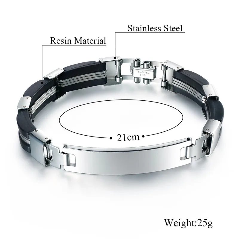 Простые мужские серебряные браслеты-цепочки из нержавеющей стали, мужские браслеты-манжеты, черный силиконовый браслет, ювелирные изделия для рук