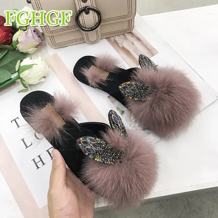 

Women Fox Fur Slippers Female Furry Indoor Flip Flops Casual Beach Sandals Fluffy Plush Shoes