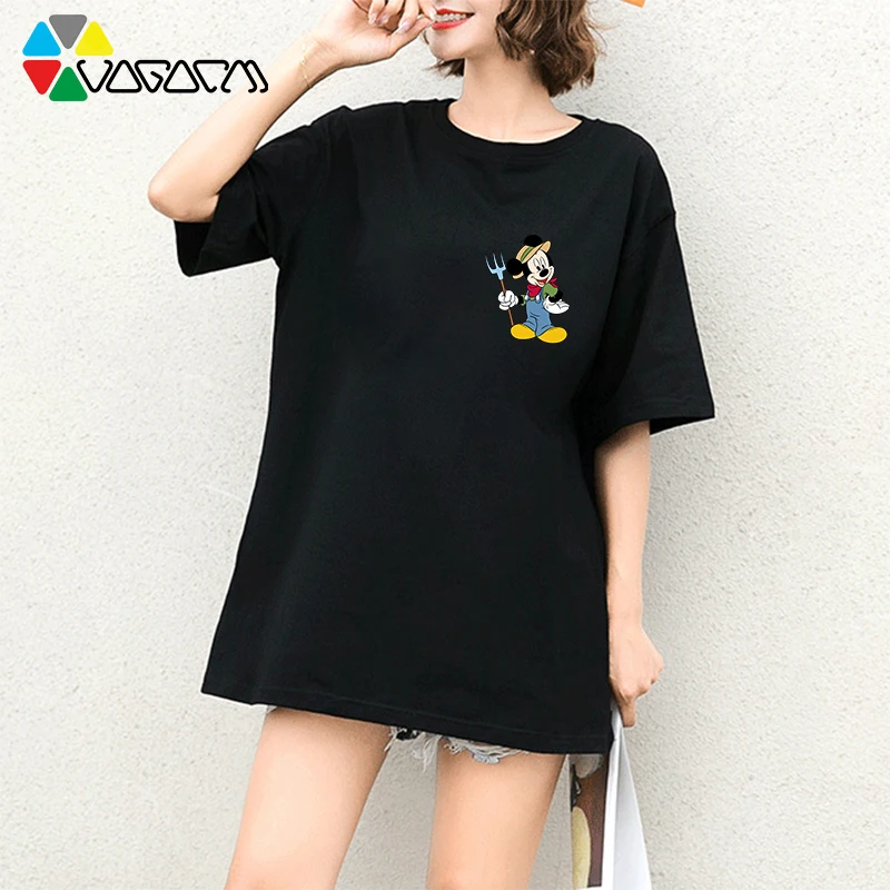 

2019 Women Mickey Mouse Plus Size Cute Minnie Tops&tees Cartoon Summer Loose Fashion Harajuku T Shirt Black White Mickey Wear
