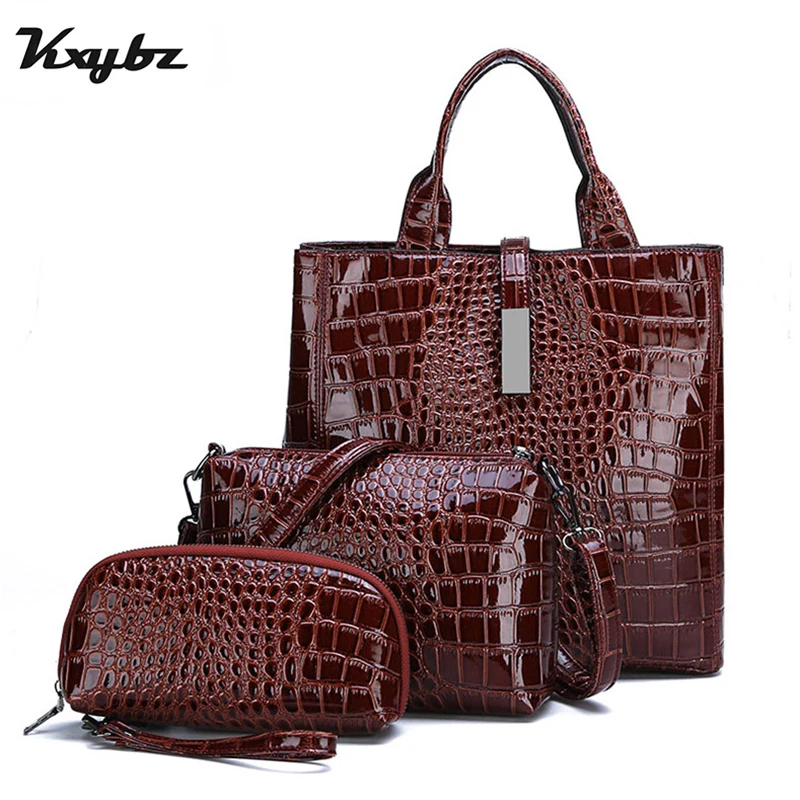 

KXYBZ 3 Sets Women Handbags Luxury High Quality Patent Leather Alligator Tote Bag Ladies Shoulder Crossbody Bag Women Clutch Bag