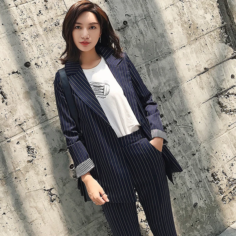 

Casual 2 Pieces Set Striped Women Pant Suit One Button Notched Blazer & Elastic Waist Pencil Pant 2018 OL Style Female Suits