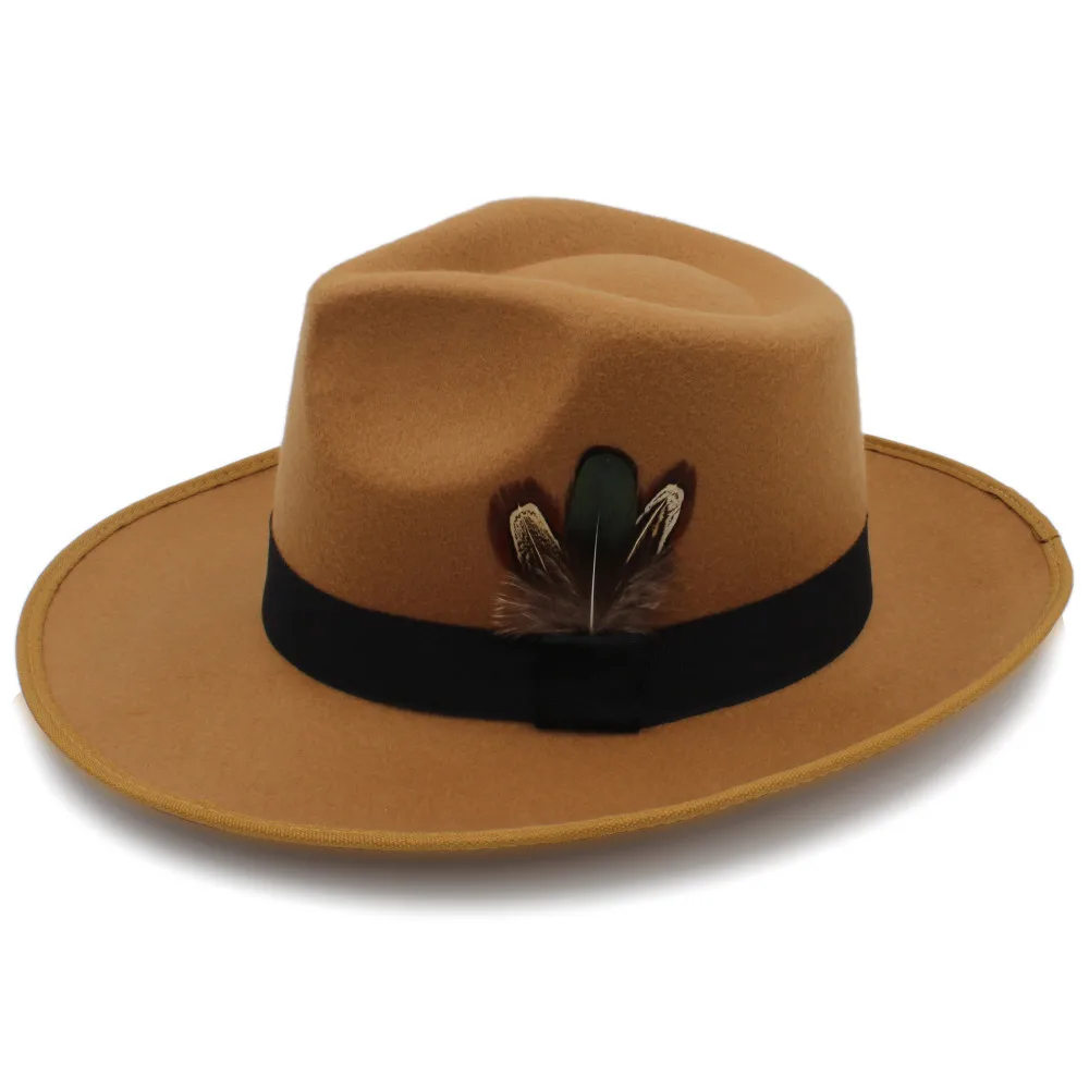 Модные Для мужчин фетровая шляпа с широкими полями джазовая Панама джентльмен сомбреро шляпа крестного отца Панк Пояс Размеры 58 см - Цвет: Khaki