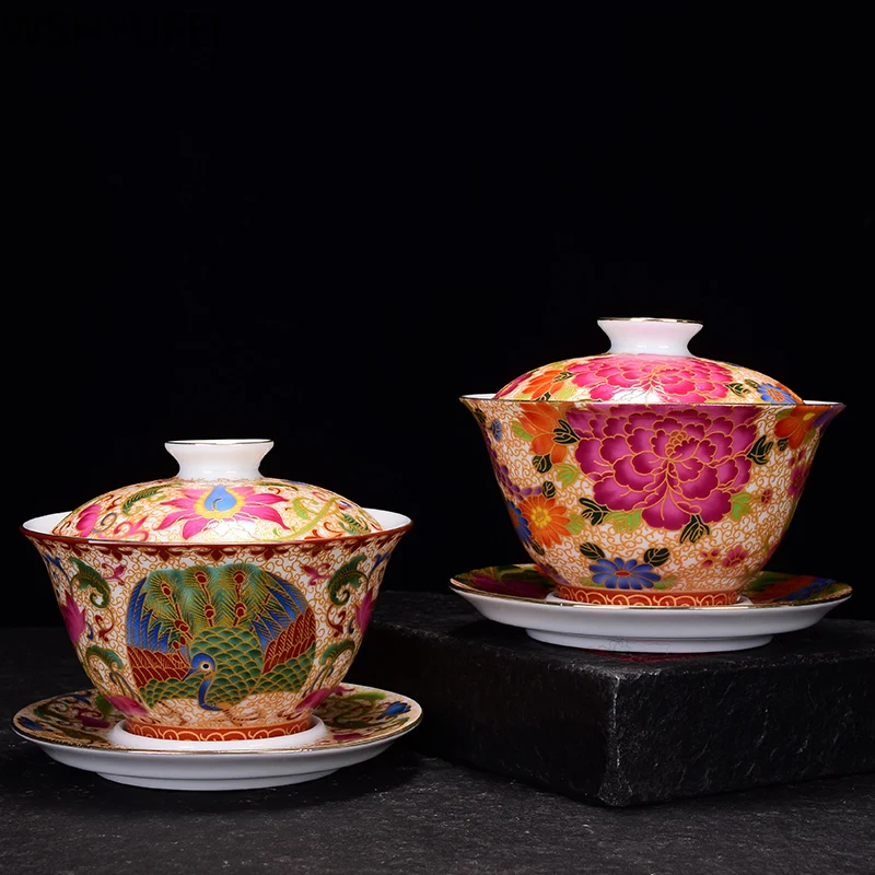 Ceramic teacup peony flower cover bowl Kungfu tea set tea bowl Travel portable tea set Household drinking utensils WSHYUFEI