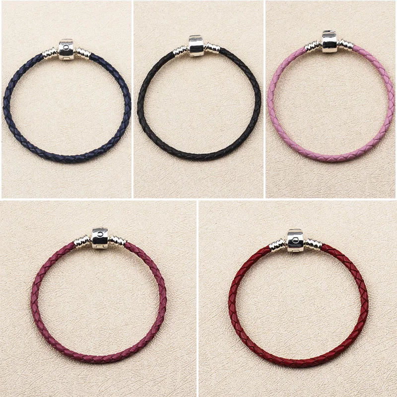 

925 Sterling Silver Pandora Bracelet Genuine Leather Barrel Clasp Snake Chain Bangle Fit Women Diy Bead Charm Europe Jewelry