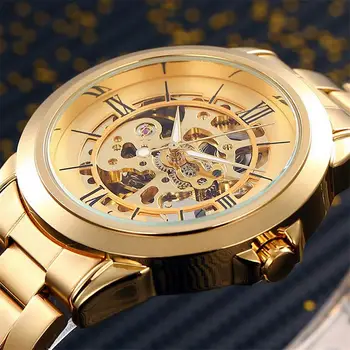 

SHENHUA Luxury Brand Automatic Watch Men Gold Case Roman Dial Steel Band Dress Male Classic Mechanical Skeleton Wristwatches