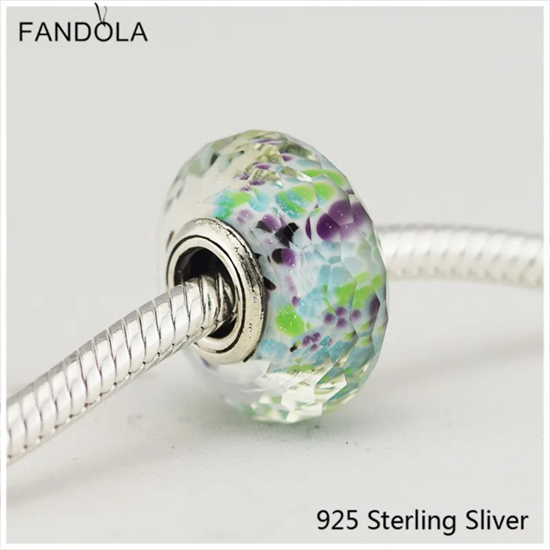 

925 Sterling Silver Green Shibori Faceted Glass Murano Glass Fit DIY Brand Bracelet Bead Jewelry Making Woman Gifts