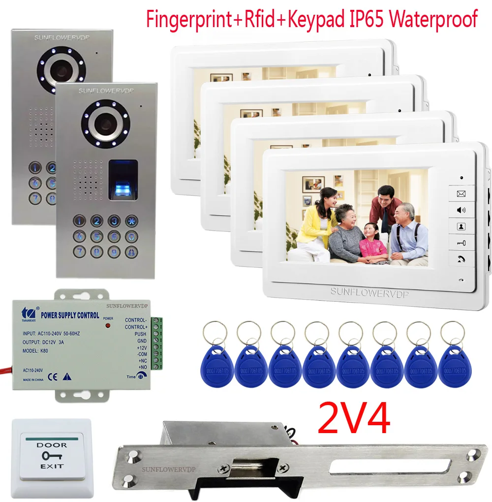 

Fingerprint Rfid Keypad Intercom Video Intercoms 4 Rooms 7" Color Monitor Doorphone Two Cameras + Electric Strike Door Lock 2v4