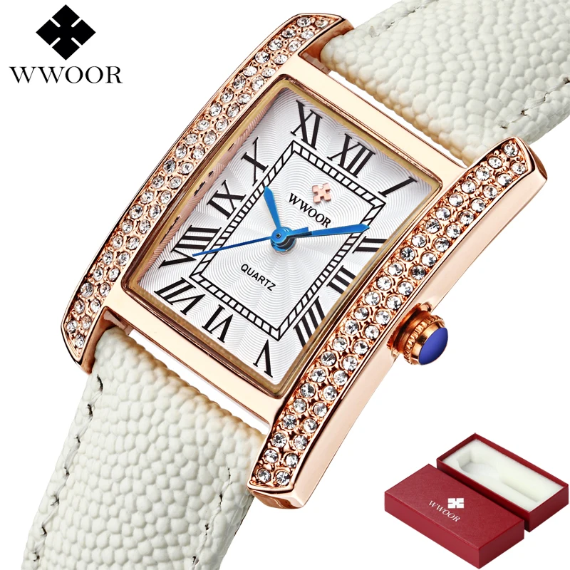 Kopen WWOOR Brand Luxe Vrouwen Horloges Vierkante Jurk Dames Quartz Horloge Vrouwen Diamant Lederen Band Polshorloge Rode Klok Montre Femme