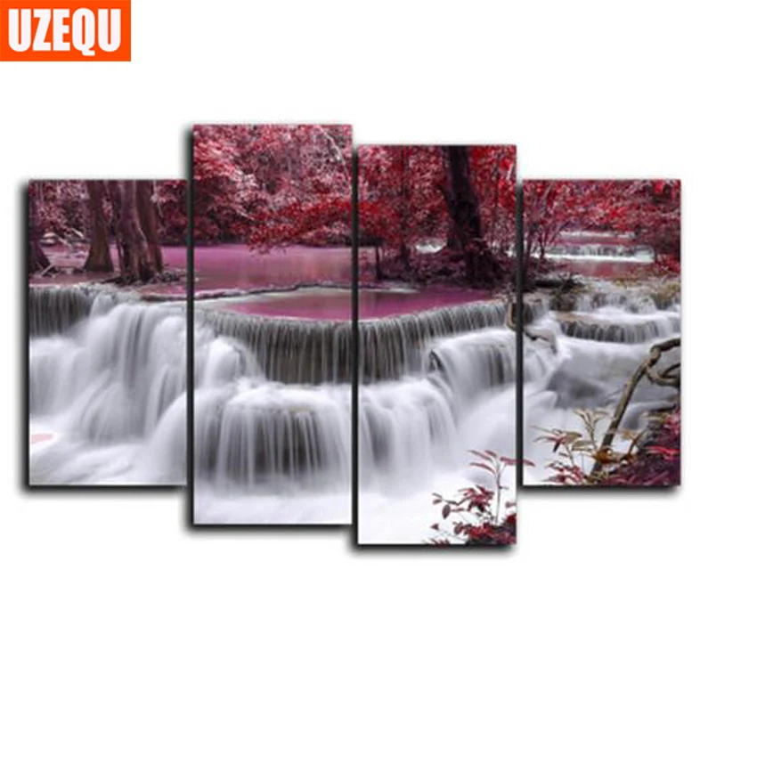 

UzeQu 5D DIY Diamond Painting 4pcs Cross Stitch Waterfall Multi-picture Diamond Embroidery Full Square Diamond Mosaic Pattern
