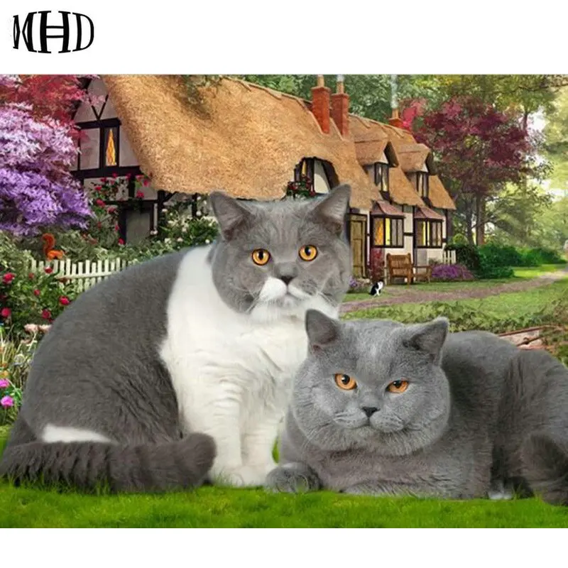 

MHD "2 Fat Cats" Diamond Painting Cat House Full Circle 3D 5d diy Diamond Cross Stitch Home Decor Crystal Set Sewing Thread