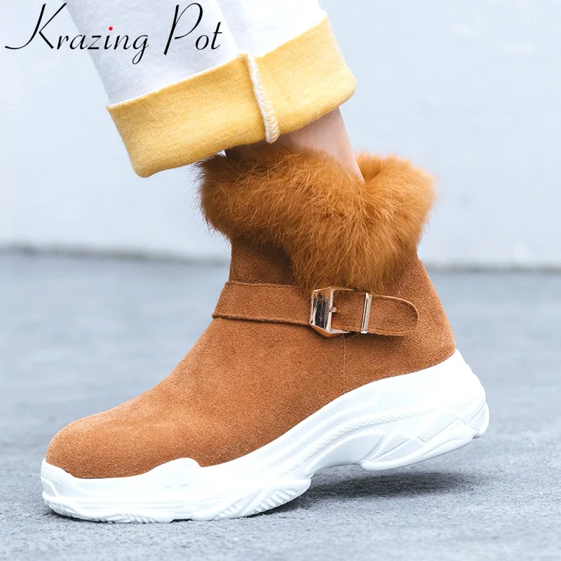 

Krazing Pot 2019 cow suede round toe zipper keep warm snow boots fur platform wedges Winter wedges solid women ankle boots L55