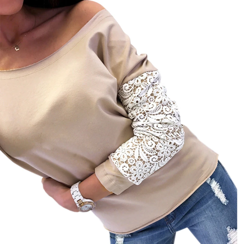 

Women T-shirts Femme Long Sleeve Slash Tees White Lace Tops Off Shoulder Patchwork Jumpers Autumn Sexy Plus Size Pullovers M0096