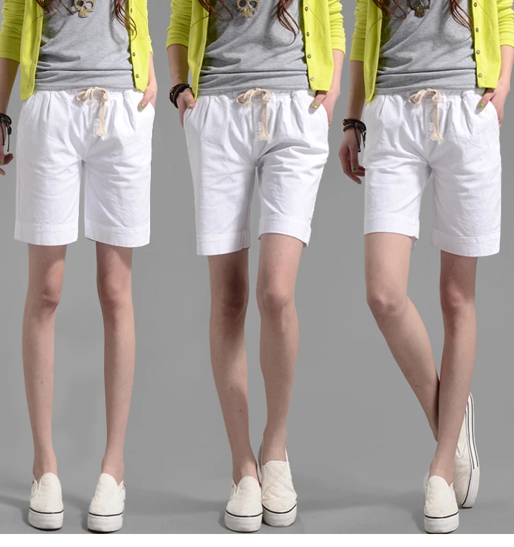 Летние женские шорты модные повседневные льняные шорты с эластичным поясом и карманами