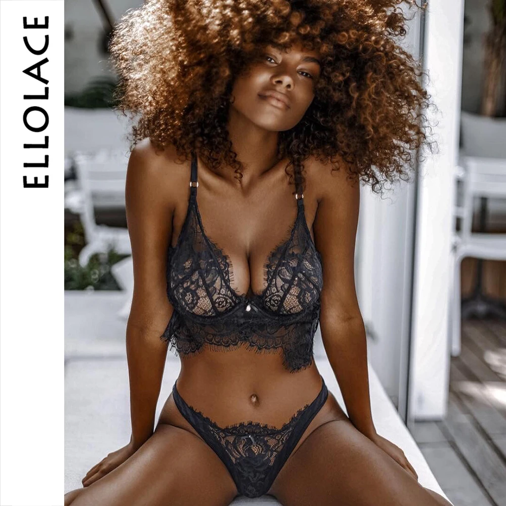 

Ellolace Sexy Eyelashes Lace Lingerie Set Underwear Women Bow Tie Wireless Bralette Transparent Hollow Out Bra and Panty Set