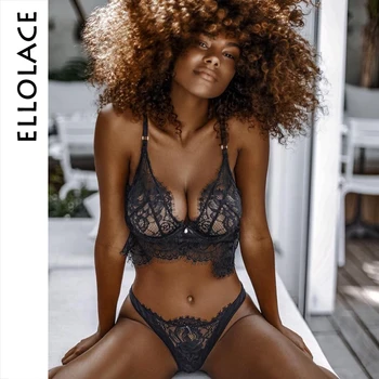 

Ellolace Sexy Eyelashes Lace Lingerie Set Underwear Women Bow Tie Wireless Bralette Transparent Hollow Out Bra and Panty Set