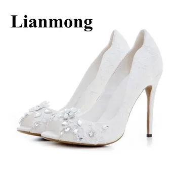 

Hottest Summer White Lace Crystal Flower Peep Toe Thin High Heel Fashion Shallow Shoes Women Pumps Normal Size High Quality