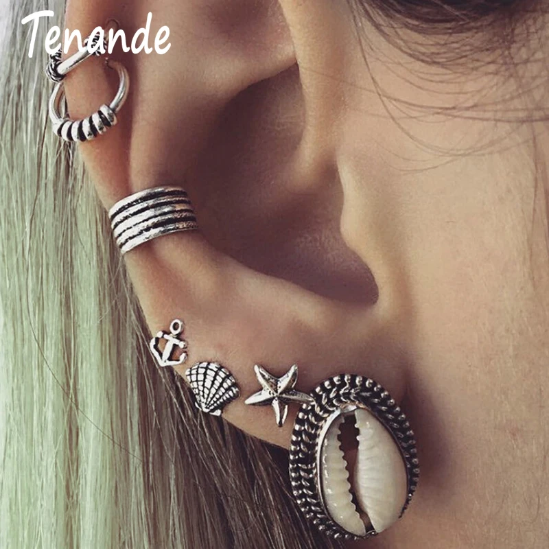 

Tenande 7 Pairs/Set Vintage Punk Big Scallop Starfish Anchor Shell Water Droplets Clip Earrings for Women Beach Style Jewelry