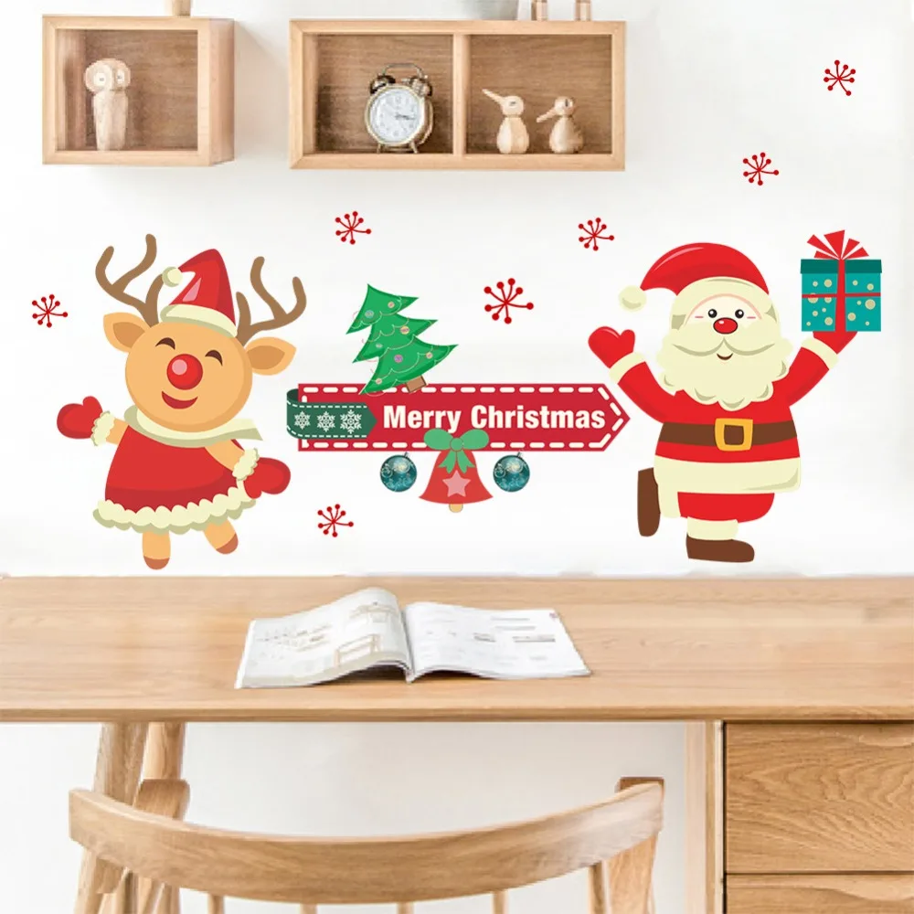 Cartoon Christmas Santa Wall Stickers Living room Dining Window Glass